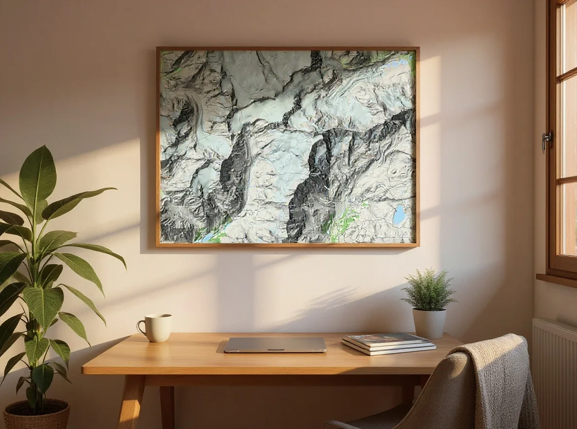 Arbeitszimmer mit Zimmerpflanze und Tageslicht, Bergkarte als Wandbild über dem Schreibtisch