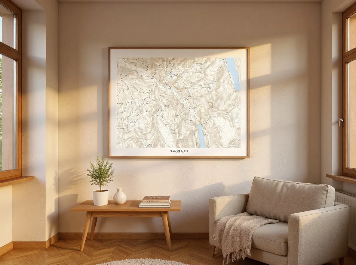 Wohnzimmer mit Sessel und Sofatisch, Bergkarte als Wandbild an der Wand