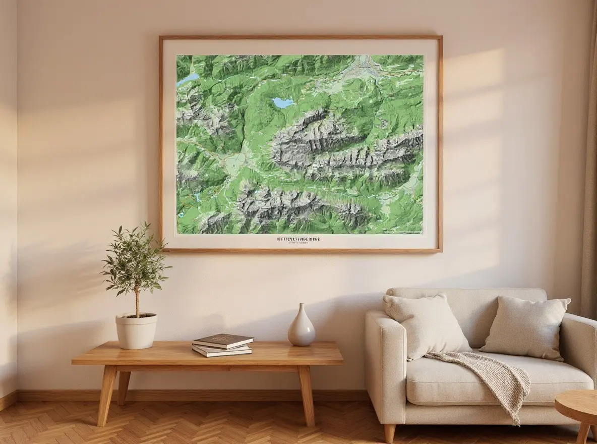 Wohnzimmer mit beigem Sessel und Sofatisch, Bergkarte als Wandbild an der Wand