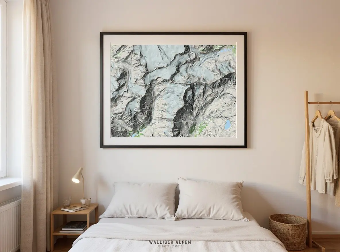 Schlafzimmer mit Bett und Nachttisch, Bergkarte als Wandbild über dem Bett