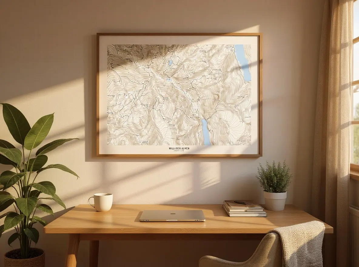 Arbeitszimmer mit Schreibtisch und Zimmerpflanze, Bergkarte als Wandbild über dem Schreibtisch