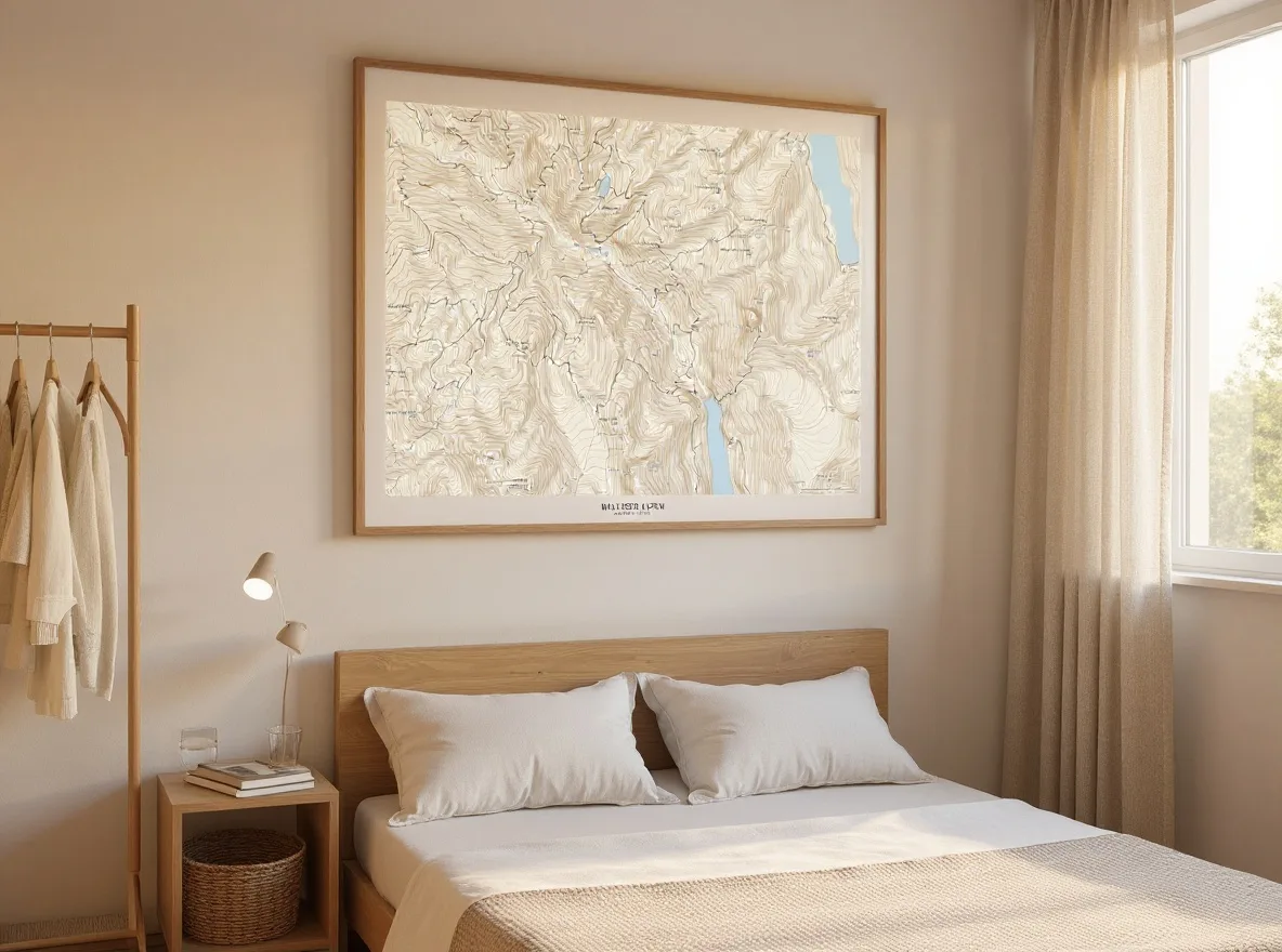 Arbeitszimmer mit Schreibtisch und Fenster, Bergkarte als Wandbild über dem Schreibtisch