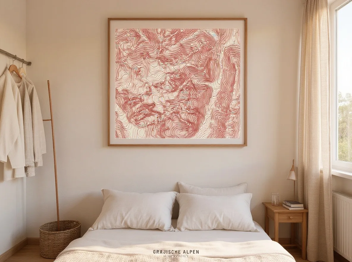 Schlafzimmer mit Bett und Fenster, Bergkarte als Wandbild über dem Bett