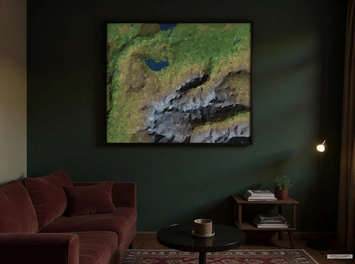 Bergkristall – Abstrakte Bergkarte Topografische Bergkarte Stil Bergkristall – abstrakt-kubistisches Terrain als Wandbild im Wohnraum