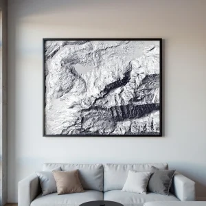 Topografische Bergkarte Stil Monochrom – zeitlos elegant in Schwarz-Weiß als Wandbild im Wohnraum
